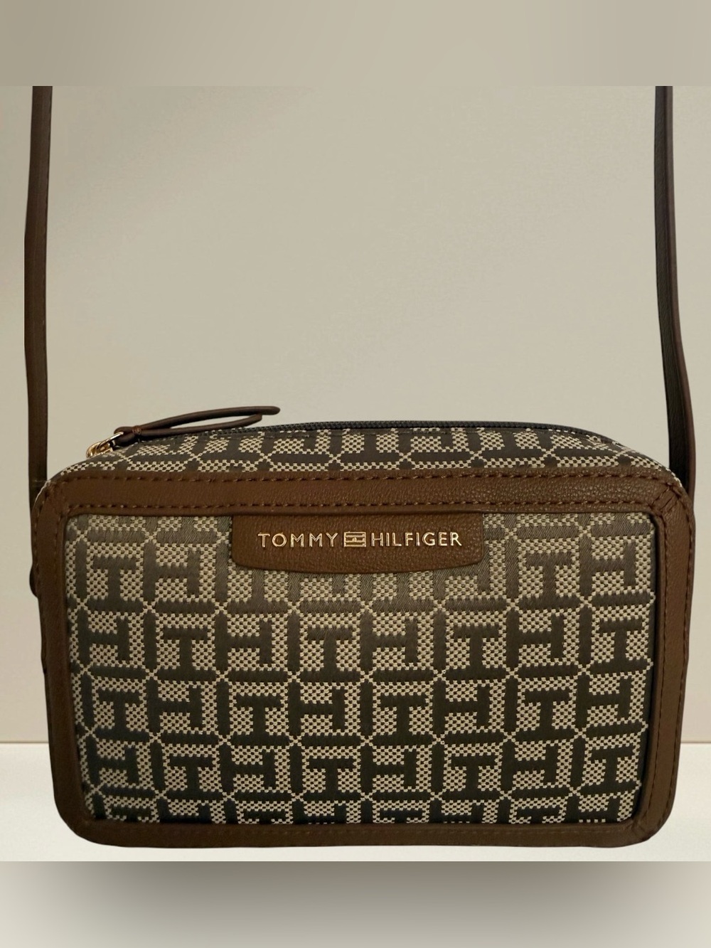 Tommy Hilfiger Brown and Cream Monogram Crossbody Bag